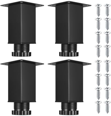 4er Möbelfüße Verstellbar Schwarz, Schrankfüße Höhenverstellbar 15mm, Schrankbeine, Möbelbeine, Sofa Füße Füsse für Stühle Couchtisch Kommoden Küchenschrank Füße Beine, mit 16 Schrauben, 38x80mm