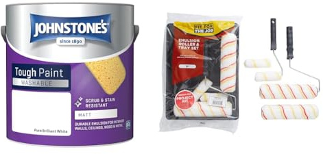 Johnstone's - Washable Paint - Pure Brilliant White - Matt Finish - Emulsion Paint & Fit For The Job FRRT003 7 piece Emulsion Paint Roller Set, 2x 9 inch & 2x Mini Paint Rollers