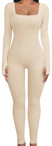 Yuson Girl Mono Deportivo Mujer Manga Larga Ajustado Jumpsuit Cuello en U Elásticos Body Overol Sexy Mono Yoga Romper Una Pieza de Punto Acanalado para Fitness Yoga Danza(Albaricoque, L)