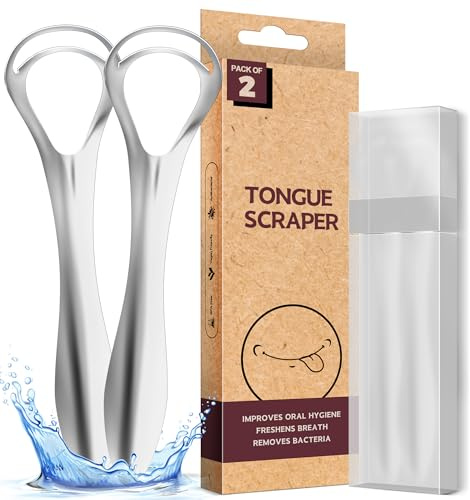 Srnede Tongue Scraper for Adults Tongue Cleaner Oral Care Aids in Fresh Breath Reduce Bad Breath Metal Tongue Scrapers Stainless Steel with Travel Case 2 Pack