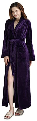 Fleece-Bademantel für Damen, mer Morgenmantel für Damen, UK-Schlafmantel mit Taschen und Gürtel, Schlafjacke, einfarbig, m, Waffelmuster, langer Bademantel, Winter-Bademantel, gemütlicher