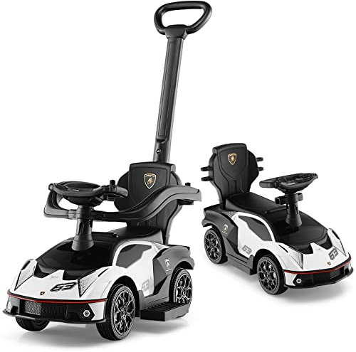 DREAMADE Rutschauto Lamborghini, 3 in 1 Rutschfahrzeug mit Schiebestange, Hupe, Stauraum & Verstellbarer Fußablage, Schiebeauto für Kinder 12-36 Monate (Weiß)