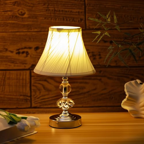 SYLW Small Modern Crystal Bedside Table Lamp, 7 x 7 x 12 Inch Electroplaetd Silver Base Table Lamp for Bedrooms and Office (White Pleated Bell Shape Shade)