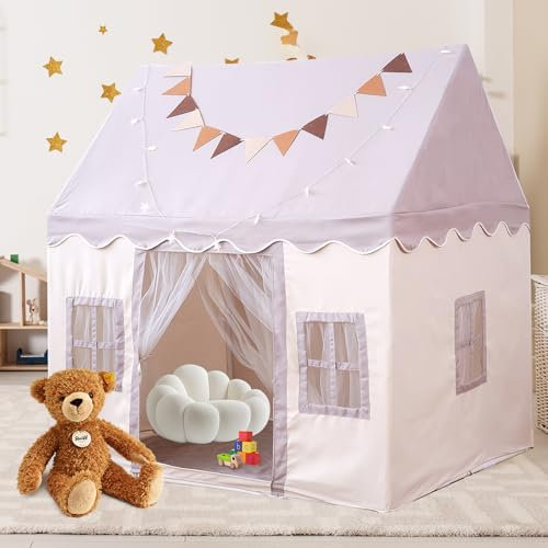 Sinbide Kinderzelt Kinderzelt Spielhaus mit Matten, Wimpel und Lichterkette Neutral Kinderspielzelt und Geschenk für Jungen und Mädchen grau