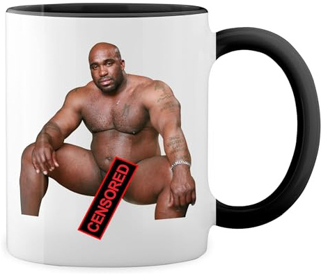 Print Maniacs Barry Wood Sitting on Bed Censored White Coffee Mug with Black Infill & Handle