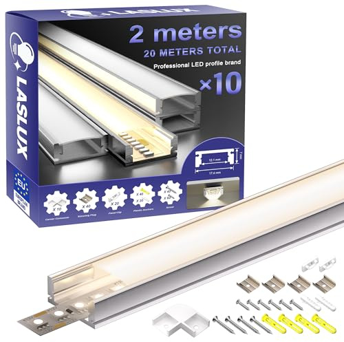 LASLUX LED Aluminium Profil 2m x 5pcs(10m), LED Schiene U Profil Aluprofil für Aluminium mit Milchiger Abdeckung, Endkappen und Montagehalterung, Metall Befestigungs Clips
