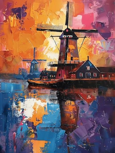 WindmüHle Diamond Painting Bilder, 5D Diamond Painting Landschaft Daiments Painting Erwachsene Groß XXL 50X70CM Quadrat Diamond Art Painting Kinder Stickerei Kreuzstich Set, Wand Zimmer Deko 6-64