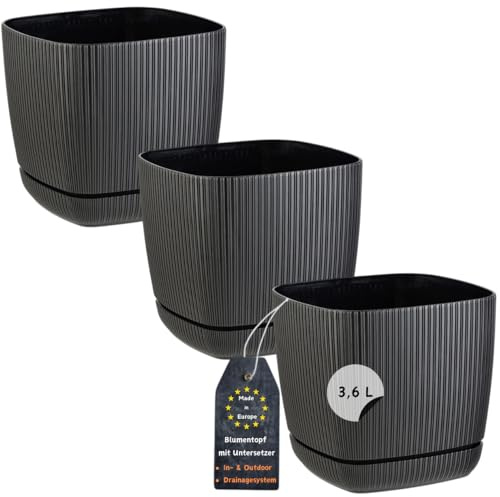 Engelland - 3 x Blumentopf mit Drainagesystem, Untersetzer, Farbe: Schwarz, Rillenoptik, Pflanz-Topf, Kübel, modern, Kunststoff, quadratisch, 18 x 18 cm, 3,6 Liter