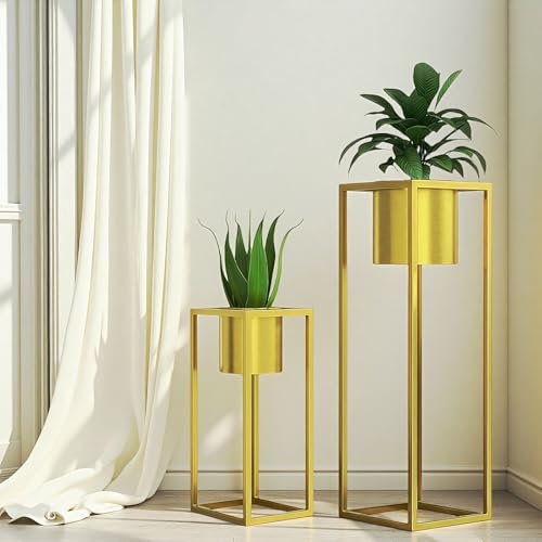 WUDLEP Set of 2 Morden Gold Planters with Stand, 70cm,45 cm High Pots For Indoor and Outdoor Plants, Suitable for Decorating Living Room Corners, Kitchens, Offices, Gardens, Balconies