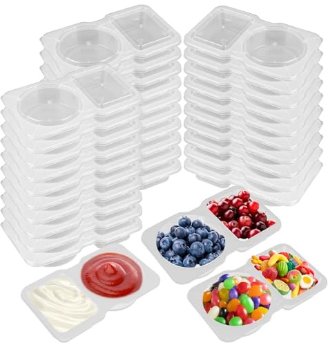 30PCS Double Compartment Condiment Containers, Reusable Snack Pack Containers with Lids, Portable Clear Plastic Snack Pots for Sauce Snacks, Ideal for On-the-Go Meals and Parties
