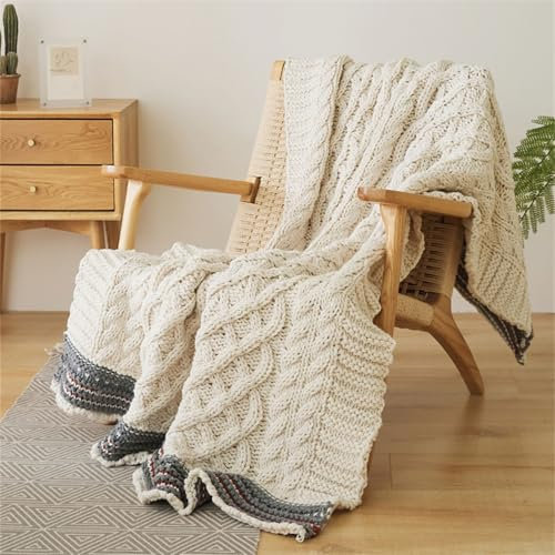 LDZDGD Chunky Strickdecke - Dicke Zopfmuster-Dekodecke mit Buntem Rand, Weiche und Kuschelige Decke für Bett, Sofa oder Wohnzimmer
