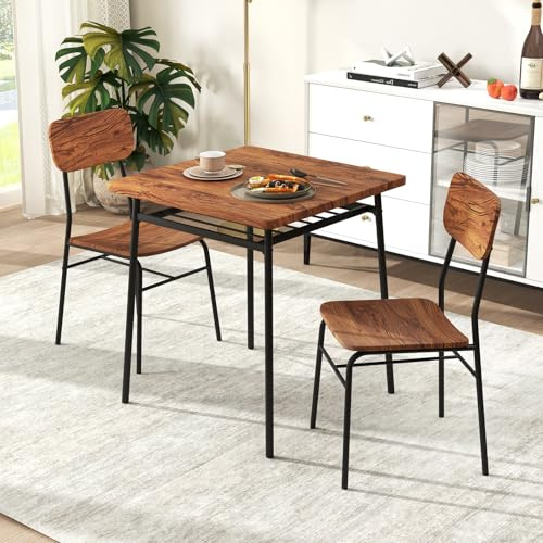COSTWAY Set Mobili da Bar Tavolo e 2 Sedie, Tavolino Quadrato con Scaffale di Stoccaggio, Tavolo Birreria con 2 Seide per Balcone, Sala da Pranzo, Cucina e Ristorante (Caffè)