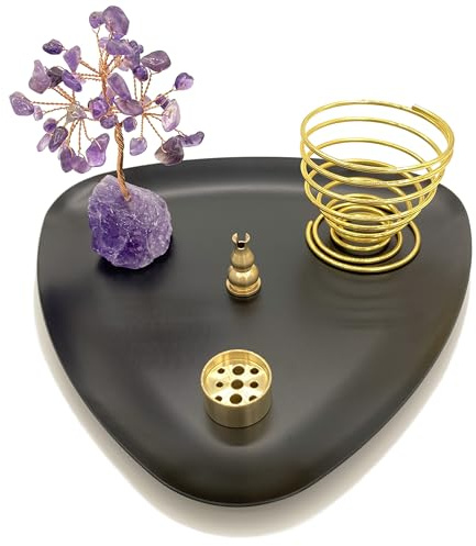 CBRVTY Bruciatore di incenso 5 in 1 per meditazione, lamiera ispessita in acciaio inox, diametro 16 cm, grande posacenere, ametista, albero della vita, per bastoncini di incenso, coni di incenso a
