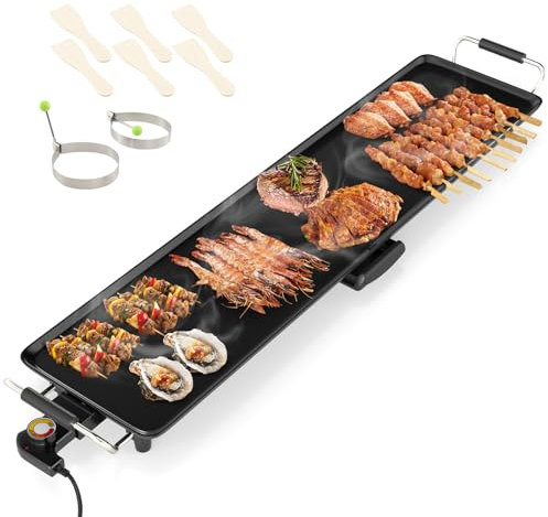 GiantexUK Electric Teppanyaki Grill Table, 1800W Adjustable Temperature BBQ Griddle with Non-Stick Top, Wooden Spatulas & 2 Egg Rings, Easy Clean Barbecue Hot Plate (105 × 24cm, Stamping Aluminum)