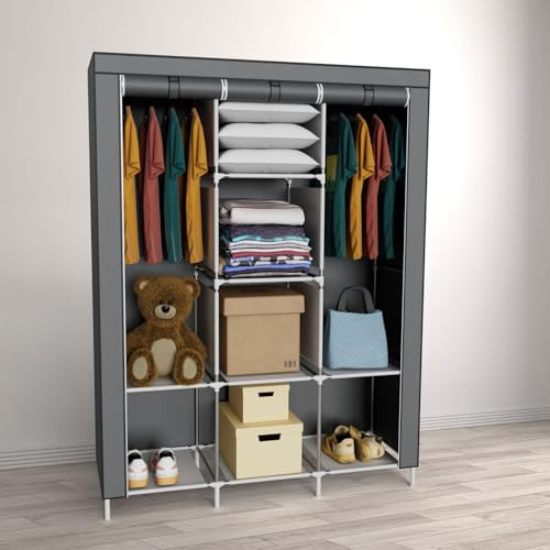 Coemo Faltbarer Kleiderschrank, 130x45x175 cm, Farbe Grau, Stoffschrank | Tragbarer Schrank mit 2 Kleiderstangen, Regalen, 8 Ablageflächen, großes Fassungsvermögen für Schlafzimmer, Wohnzimmer