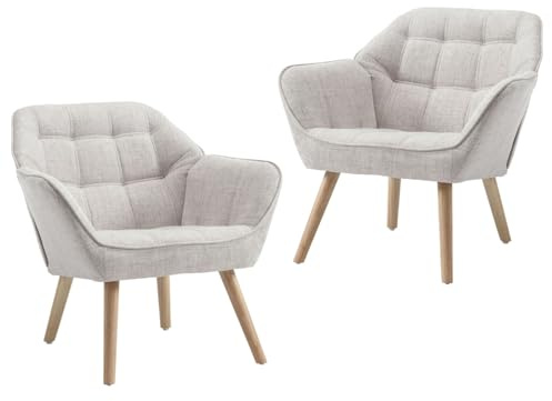 Ya-Home Accentstol, fåtölj, set om 2, stoppad armstödsstol, läsestol med träben av linne, lässtol, enkel soffa, TV-fåtölj för vardagsrum, sovrum, lounger, beige