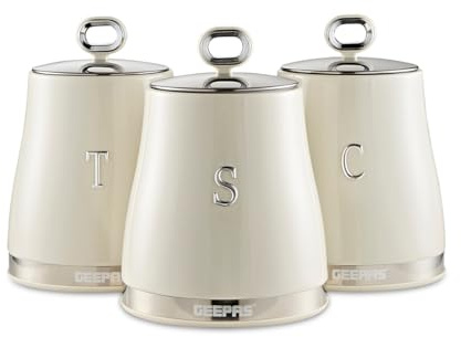 GEEPAS Retrovive 3 Pc Tea Coffee Sugar Canisters Set 1.4L Airtight Lids | Stainless Steel Lids, Durable Carbon Steel Body, Kitchen Storage Canister, Keeps Contents Fresh Aromatic & Flavourful