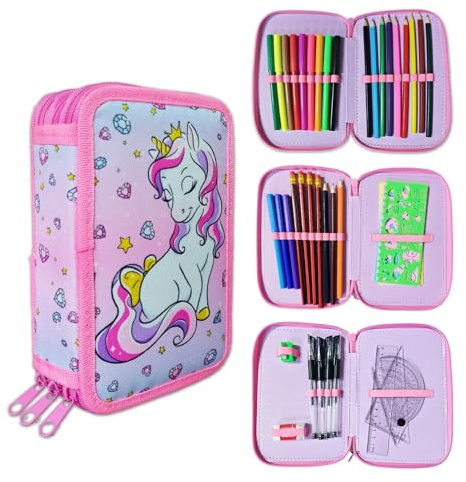 GROVBLE Federmappe Mädchen,Federmäppchen 3 Fächer,Mäppchen Mädchen,federmäppchen mit Inhalt,Schulmäppchen mädchen mit Groß,Federtasche,Federmäppchen Einhorn mit Schreibwaren,für Schüler