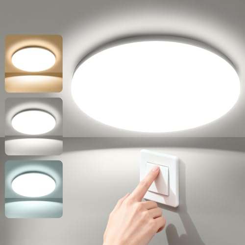 genatu Deckenleuchten, Badezimmerleuchte, Decken, Ø22cm Rund, 17W, 3000lm, 3000K/4000K/6500K per Wandschalter Steuerbar, kein Flimmern, CRI> 80, IP65 wasserdicht für Küche, Flur, Garage