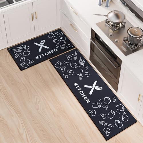 7VSTOHS 2 Piezas de alfombras y tapetes de Cocina Antideslizantes, Lavables a máquina, fáciles Limpiar, para Cocina, Entrada y Pasillo, alfombras corredizas, fáciles Limpiar(Negro,43×75+43×150cm)