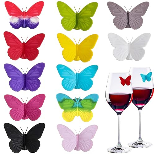 Auroriel 12 Stück Wein Glas Charms Schmetterling Anhänger Weinmarker für Potluck Trinkgläser Partys Hochzeiten Gartenfeiern