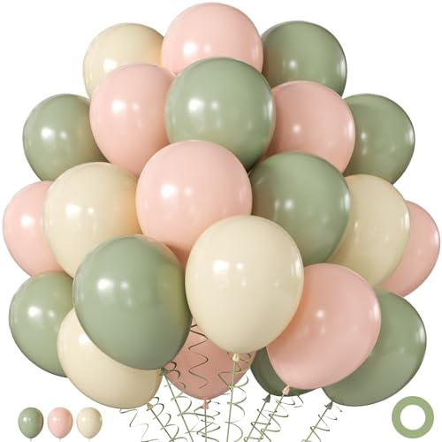 Sage Green Pink White Balloons, 60Pcs 12 Inch Pink and Green Balloons Include Sage Green Peach Ivory White balloons for Weding Baby Shower Gender Reveal Wildflower Birthday Decorations