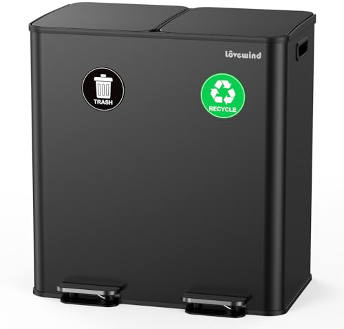 lovewind Poubelle Cuisine,2 X 30l, Poubelle Tri Selectif,en Acier,Inoxydable,Couvercles en Douceur,Avec Couvercle et Seaux IntéRieurs, Couvercle Avec Fonction Soft Close,Noir