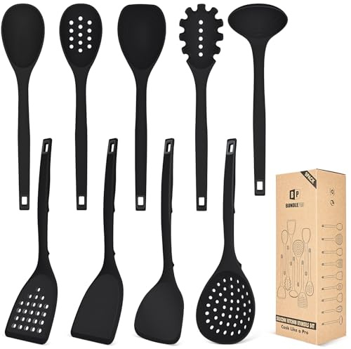 Silicone Cooking Utensils Set, 9 Pcs Heat Resistant Kitchen Utensils with Back Hooks, BPA Free Kitchen Tools with Spatulas, Spoons, Skimmer and Pasta Fork for Non Stick Cookware (Black)