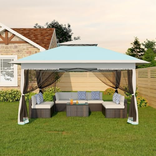 Faltpavillon Moskitonetz 3x3 m mit 4 Moskitonetz Seitenteilen – Pop Up Pavillon wasserdicht & stabil, UV-Schutz 50+, höhenverstellbar, Doppeldach Pavillion für Patio & Familie Pastellblau + Grau