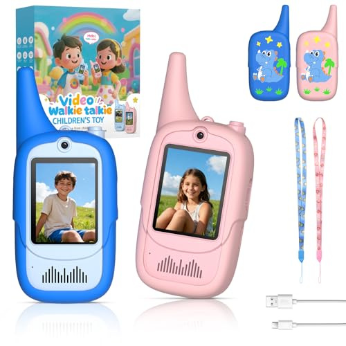 FUNYKICH Walkie Talkie de Video para Niños 3-12 Años(Paquete de 2), Walkie Talkies Recargable con 6 Efectos de Voz, Largo Alcance 350M, Regalo Ideal Cumpleaños, Hogar,Exterior,Patio,Senderismo