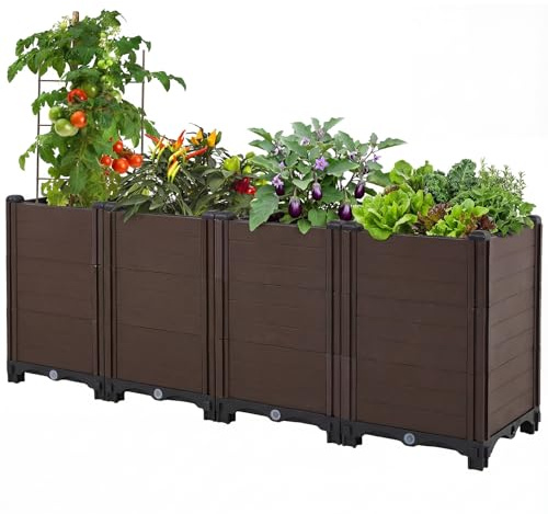 Warmiehomy Raised Beds for Garden with Drainage Holes, 120x30x46cm | Outdoor/Indoor, Self Watering, 112L PP Planter Box for Growing Vegetables, Flowers, Herbs, Brown