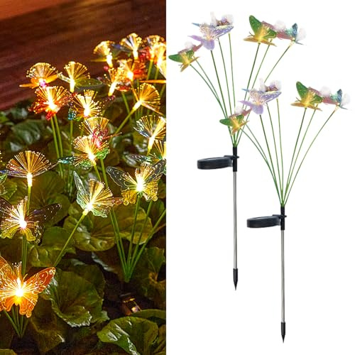 JIMACRO 2 Piezas Impermeables Mariposa Lámparas Solar, 2 Modos Luces Solares Oscilantes, Luciérnagas Luces Solares LED Exterior Jardin para Macizos de Flores (cálidos, Mariposas)