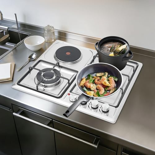 Piano cottura a gas in acciaio inox, 4 fuochi, fornello a gas da incasso, 1000-3300 W, per casa e camper, adatto per funzionamento a gas e elettricità
