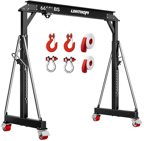 LDHTHOPI 3 Ton Gantry Crane, 6600LBS Adjustable Gantry Crane with 8.53-12.47ft Height, Shop Lift Hoist with Manual Trolley, Hook & Shackles for Warehouse, Factory,Auto Repair & Construction, Black