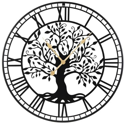 COSTWAY Orologio da Parete Grande 68 cm con Albero della Vita in Metallo | Decorativo Orologio da Parete Silenzioso Senza Ticchettio per Soggiorno, Camera da Letto e Cucina, Nero
