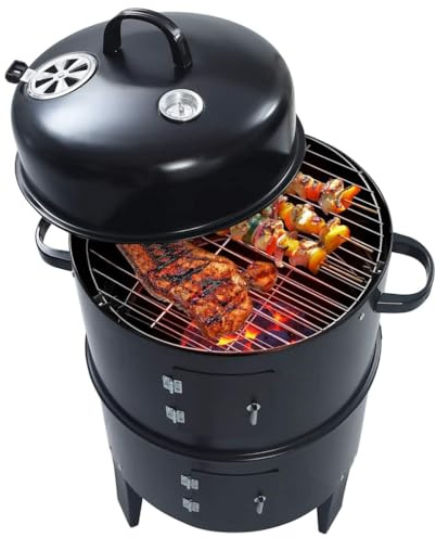 QUAHEAS Barbecue a carbonella 3 in 1, in acciaio, 40 x 80 cm, con termometro, cursore di ventilazione, posacenere e abbeveratoio, ideale per grigliare, cucinare, affumicare in giardino e sul balcone