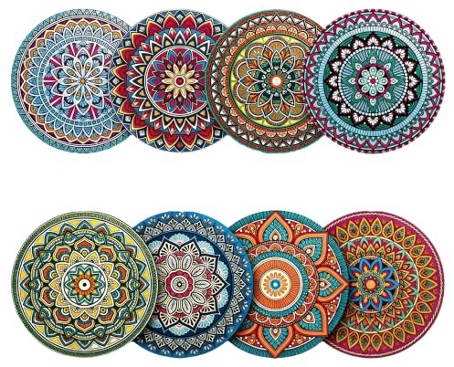 Wooden Drinks Coasters Set, 8 Mandala Cup Coasters for Coffee Tea | 8 Unique 10 cm Mandala Wooden Drinks Coasters with Colourful Designs for Coffee Mugs, Tea Cups and Glasses
