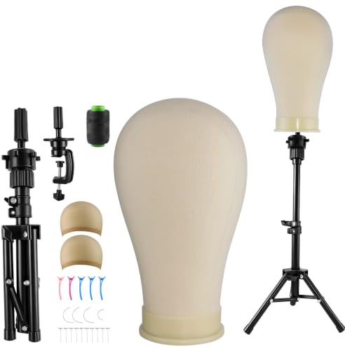 22 Inch Canvas Wig Head Mannequin Head Set with Adjustable Tripod Stand & Table Clamp Stand, Wig Making Supplies Kit with Wig Caps, T Pins, C Pins, Hair Clips, Thread for Wig Styling, Display, Ventila