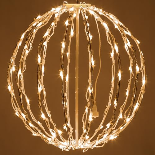 LED Ball - Indoor/Outdoor Christmas Light Spheres, Fold Flat Metal Frame (16, White Frame/Warm White Lights)