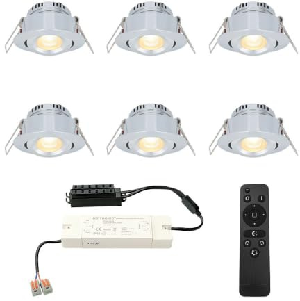 HOFTRONIC - Einbaustrahler Feuchtraum Badezimmer 12V Terrassenüberdachung IP44 Wasserdicht | 6x3W | 6x200 Lumen Warmweiß lichtfarbe Dimmbar Schwenkbar Flach RF-Fernbedienung 3W Mini LED Einbaustrahler
