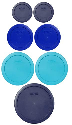 Pyrex 7 Lid Oceanic Shades Bundle for 7202, 7200, 7201, and 7402 Glassware, Made in the USA | (1-Cup) Green | (2-Cup) Orange | (4-Cup) Cobalt Blue | (6/7-Cup) Red | Meal Prep | Covers | BPA-Free Lids | Dishwasher Safe
