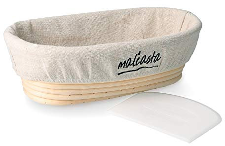 malcasta Gärkörbchen oval - incl. Teigschaber und Leineneinsatz - aus natürlichem Peddigrohr (35 * 15 * 8 cm)