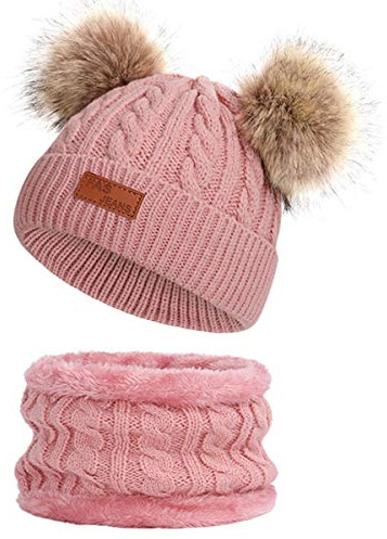 Yixda Baby mössa halsduk set flickor pojkar varm pälstofs beanie hattar, B2 mörk rosa, En Storlek