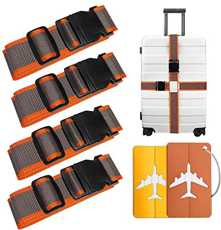 MURISE Koffergurt 4 Stück, kofferbänder Auffällig mit 2 Kofferanhänger Kofferband Gurt Schwerlast zum Reisen (Braun)