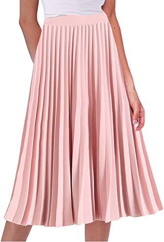 kinstell Gonna a pieghe da donna elastica a vita alta con gonna a trapezio Midi Swing Gonna elegante vintage lunga, rosa, L