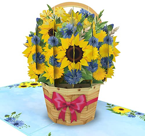 MOKIO® Biglietto Fiore Pop-Up – Cesto di Fiori con Girasoli – Biglietto regalo 3D per un compleanno, come buono o per un regalo in denaro, Biglietto di auguri floreale con busta