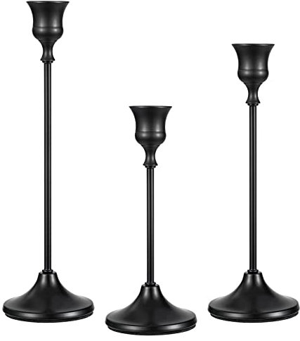 Kerzenständer Schwarz 3er Set, Kerzenhalter Metall Deko Kerzenleuchter, Retro Kerzen Ständer für Stabkerze, Hochzeit, Esstisch, Abendessen, Party, Weihnachten Tischdeko 17/20/23cm