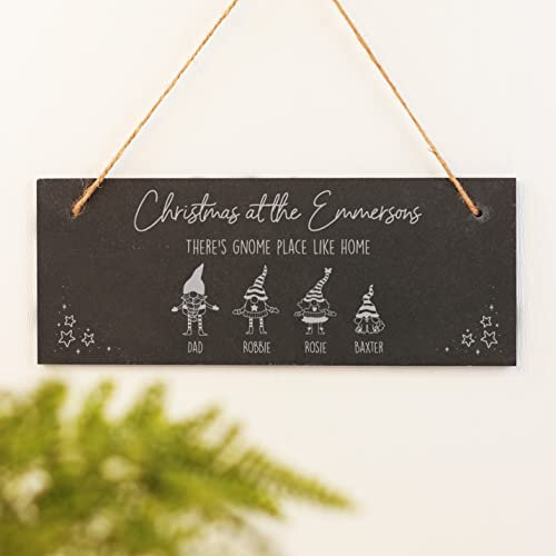 eBuyGB Personalised Gnome Family Christmas Hanging Slate Plaque, Custom Gonk Family Portrait, Christmas Sign, 25x10cm