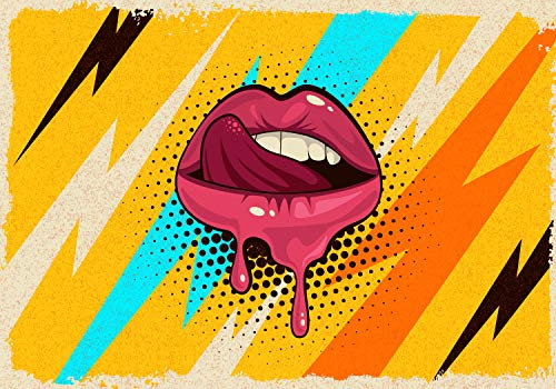 wandmotiv24 Fototapete Pop Art Bild Mund, 300 x 210 cm - selbstklebende Strukturtapete, Wanddeko, Wandbild, Wandtapete, abstrakt Gemälde Blitz gelb schwarz orange M6684