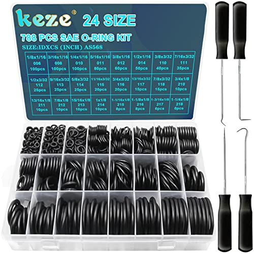 KEZE 788pcs SAE Gummi O-Ring Sortiment Kit Buna-N 70A 24 Größen US Standard Zoll O-Ring Set Verschiedene Wasserhähne Sanitär Hydraulikschlauch Reparatur mit Oring Haken und Ziehen